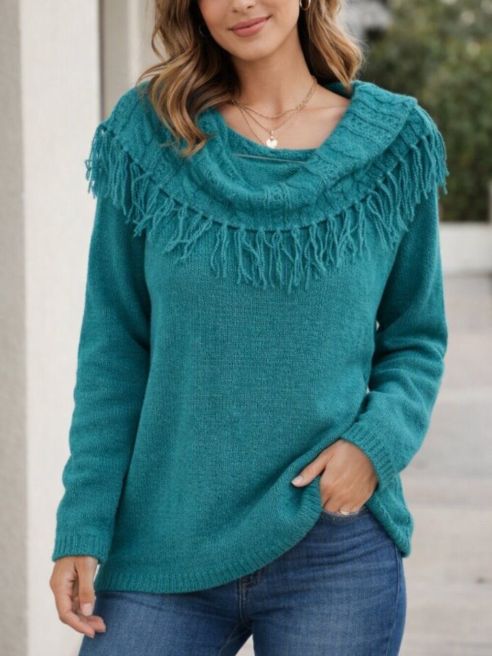 Christopher & Banks Teal Fringe Pullover Cowl Neck Sweater XL Boho Cozy Knit